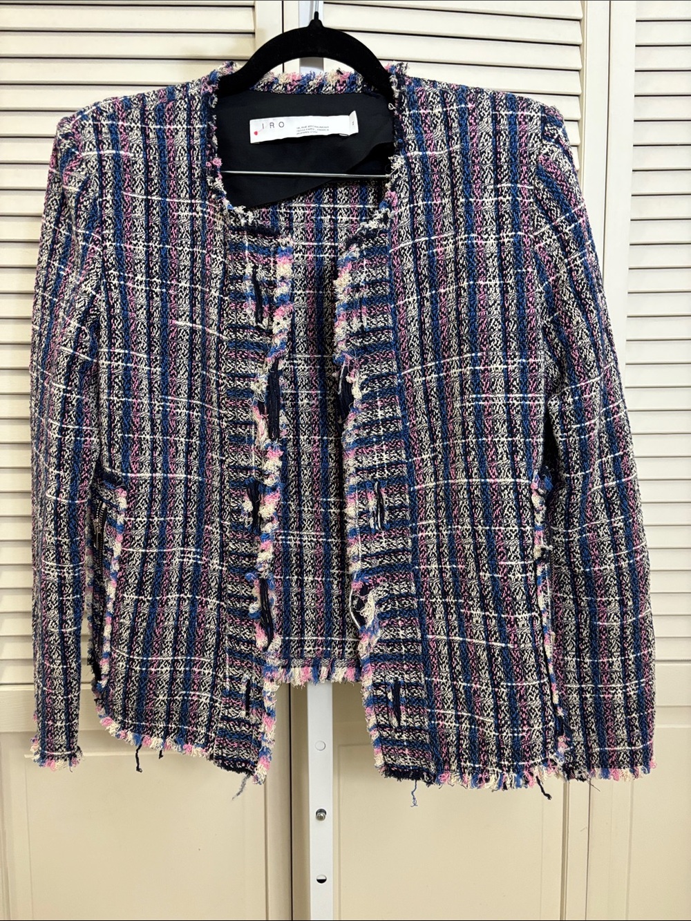 IRO Frannie Blue & Pink Tweed Frayed-Trim Blazer Size 8